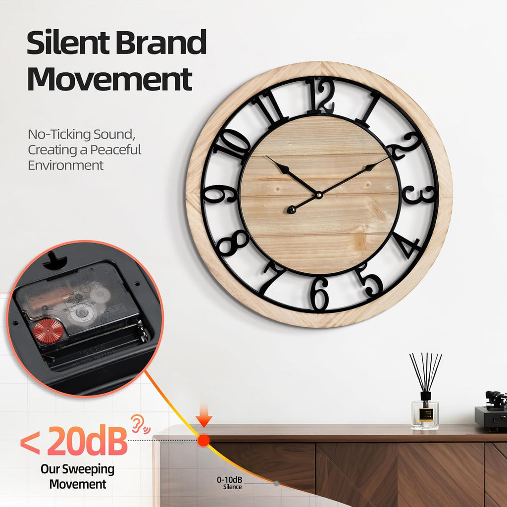 20 Inch Large Wall Clock - Rustic Wooden Silent Non-Ticking Wall Clock with Black Metal Frame