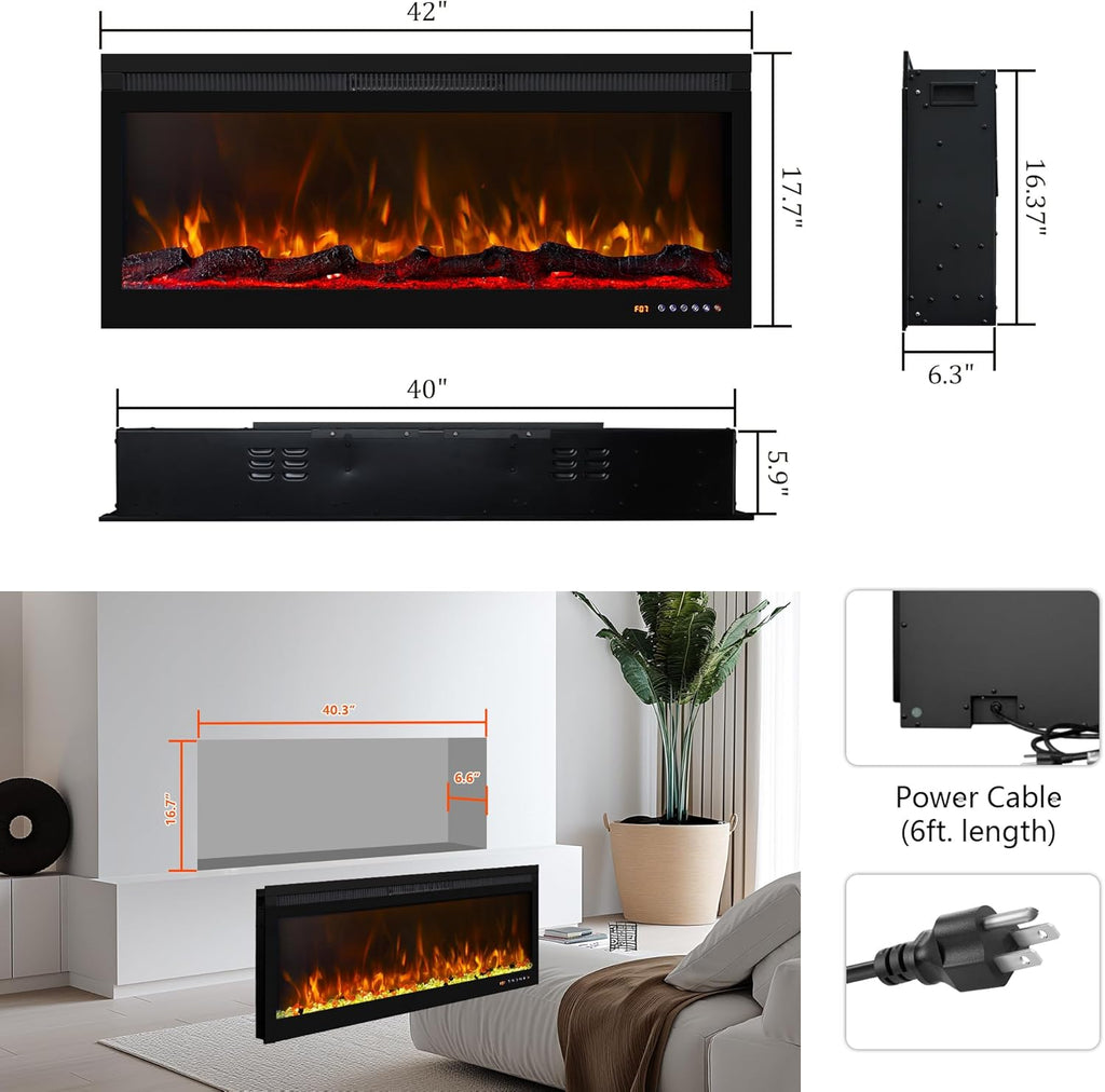 42 Inch Smart Wall Mount & in Wall Recessed Electric Fireplace Insert,App Control