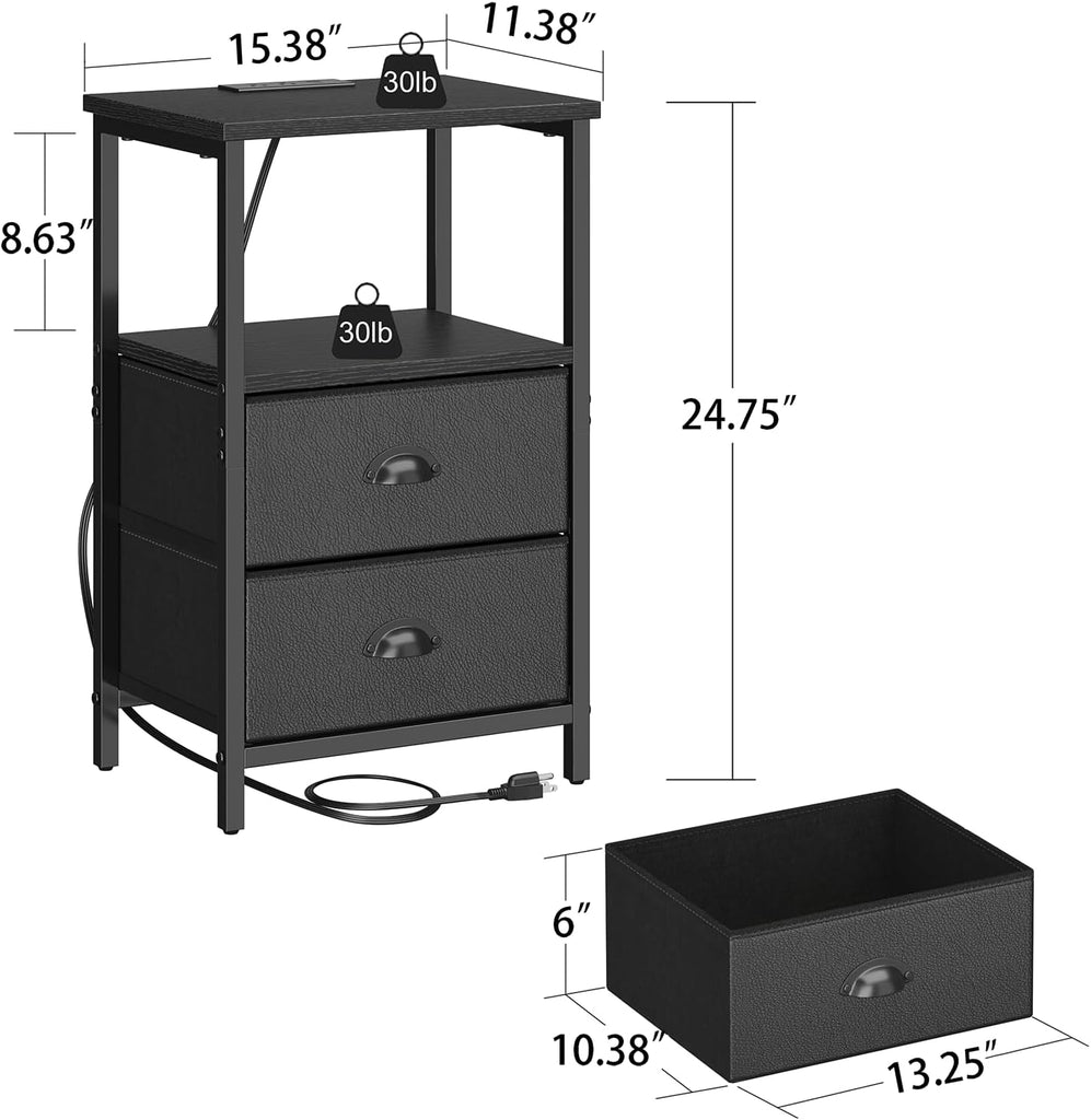 Nightstand with Charging Station, LED Night Stand Set 2, Bedside Table End Table Set of 2, Bedroom Table with 2