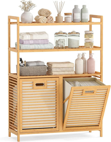 Double Tilt Out Laundry Hamper with 3-Tier Storage Shelf | 14 Gal Bamboo Laundry Storage Cabinet w/Removable Laundry