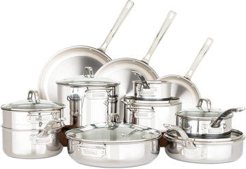 3-Ply Pots and Pans Set, 17 Piece Stainless Steel Cookware Glass Lids, Steamer Insert, Silver