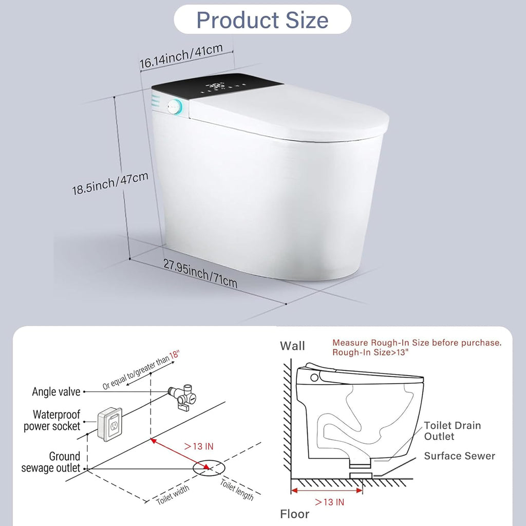 Smart Toilet, One Piece Bidet for Bathrooms, Modern Elongated Toilet with Warm Water, Dual Auto Flush