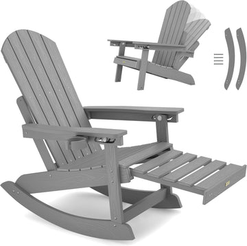 Adirondack Rocking Chairs, Adirondack Chair with Footrest, Grey | 5- Level Adjustable Backrest, Retractable Ottoman &