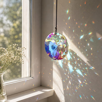 3 Inch Round Crystal Prism Suncatcher, AB Color Rainbow Maker - Faceted Crystal Pendant, Window Hanging Ornament