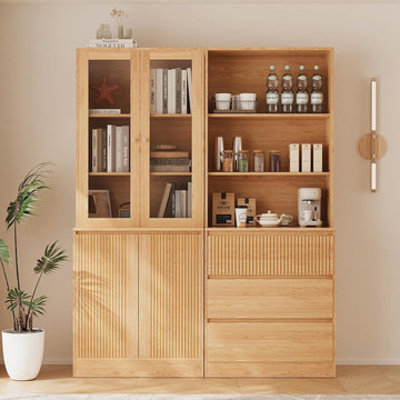 Tall Bookcase with Glass Doors and Drawers,71'' Wooden Bookshelf with Storage,Display Cabinet ,Set of 2 (A+B)