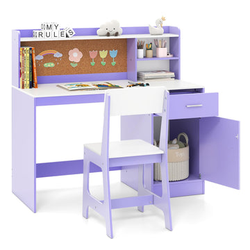 Kids Desk and Chair Set with Bulletin Board for Ages 5-12 (Purple)