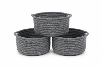 Small Woven Cotton Rope Baskets with Handles, Set of 3, Grey