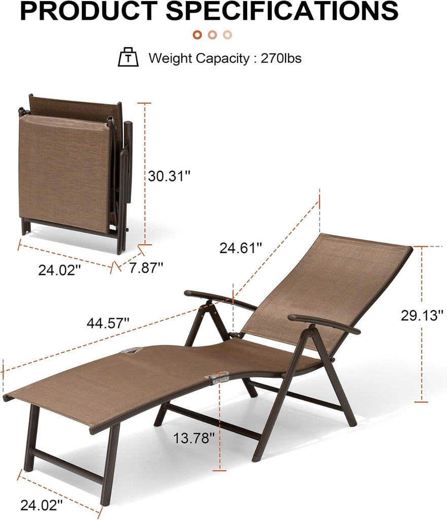 Lounge Chair Outdoor, Folding Pool Chaise Chairs Set of 2 (Brown) | Rust-Resistant Aluminum Frame, 8-Position
