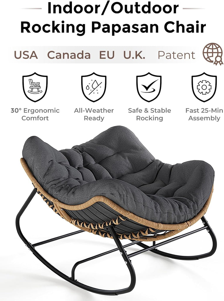 Papasan Rocking Chair Outdoor, Oversized Patio Egg Chair with Thick Cushion, Indoor Wicker Lounge Rocker Bed for