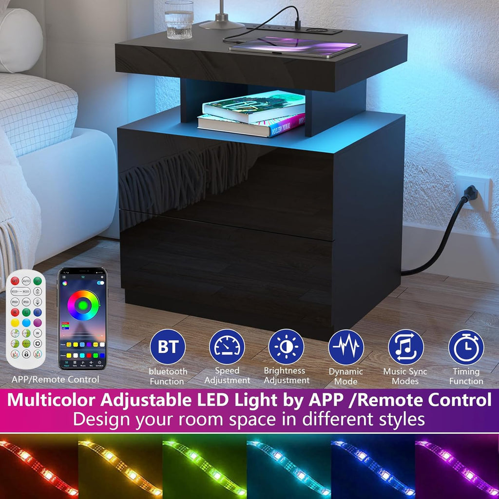 Nightstand with Charging Station and LED Light, Smart Nightstand with USB Port & Wireless Charging, Modern Night