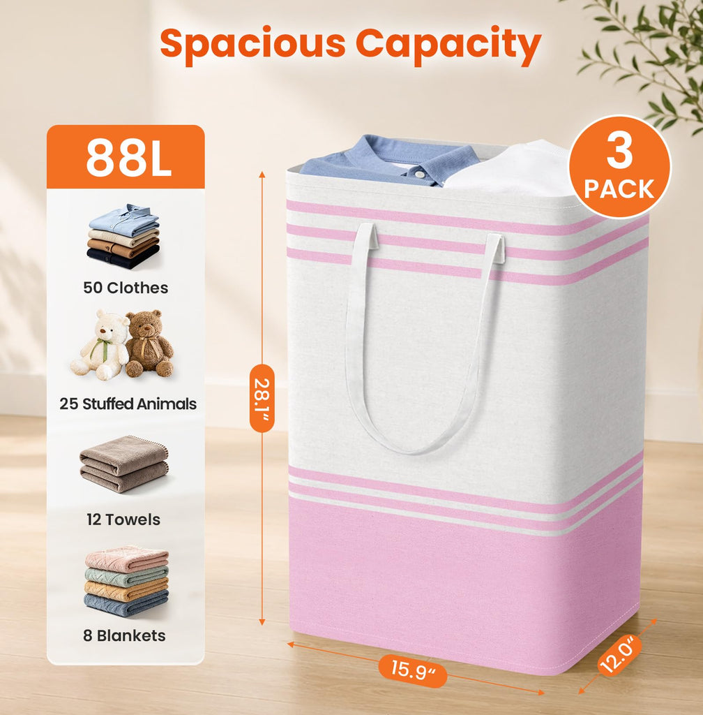 3-Pack Laundry Basket, Laundry Hamper, Pink-88L