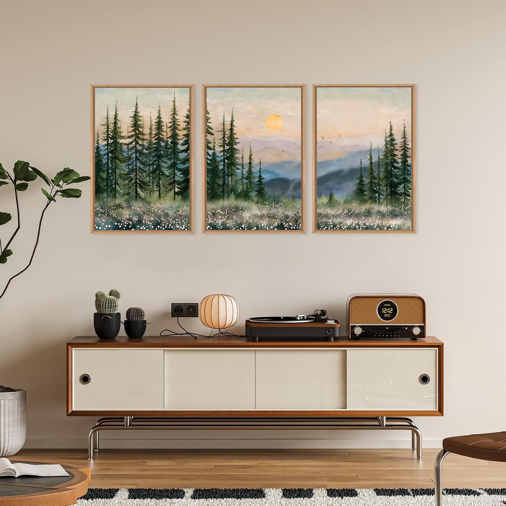 Boho Sunset Forest Framed Canvas Wall Art Set,Natural Green Pine Tree Wall Decor,Modern Watercolor Mountain Landscape