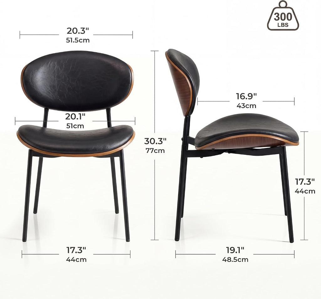 Mid-Century Modern Dining Chairs Set of 2, PU Leather Upholstered Dining Room Chairs with Walnut Grain Back, Bentwood