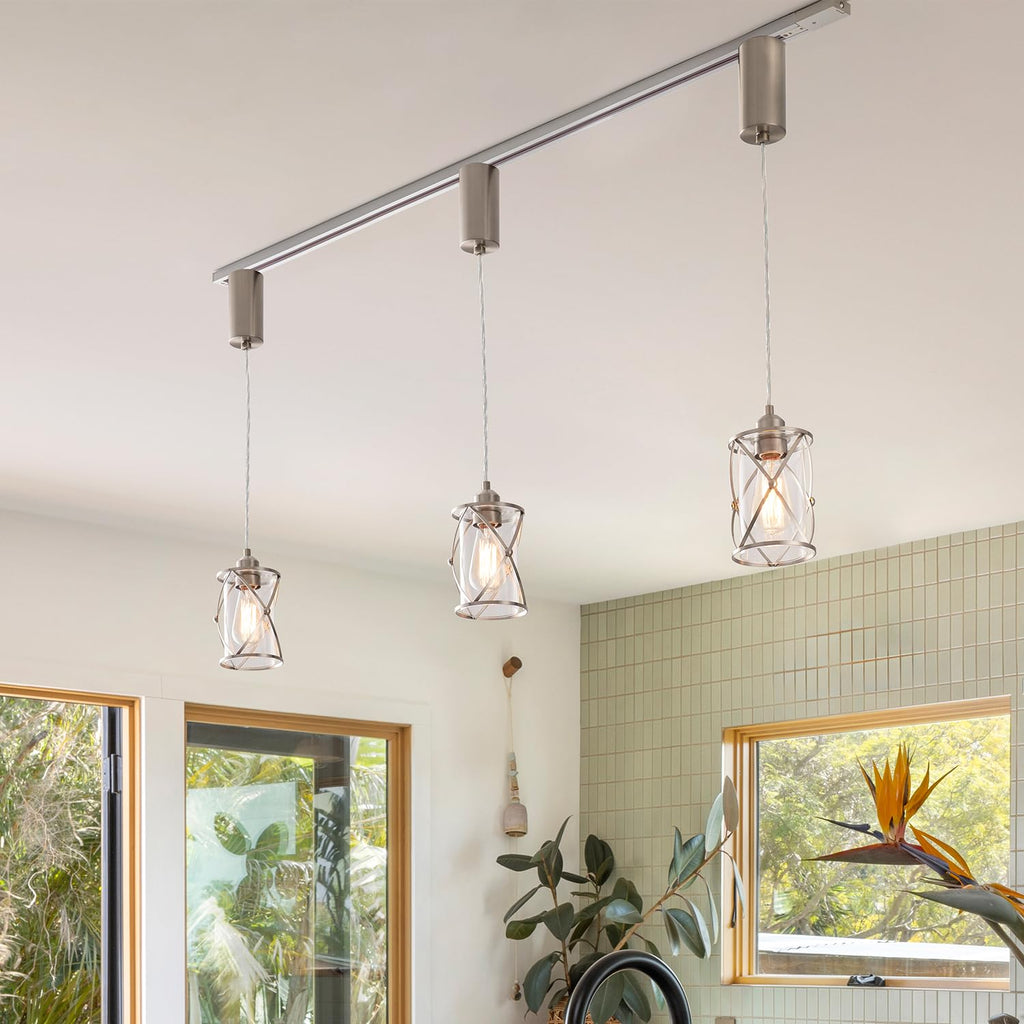 H-Type Brushed Nickel Track Lighting Pendant with Dotted Cage Clear Glass, Adjustable Hanging Light, E26 Socket, Pack