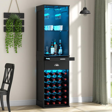 Wine Bar Cabinet w/LED Lights, 65'' Tall Coffee Bar w/24 Wine Rack | Freestanding Liquor Cabinet with Glass Holder &