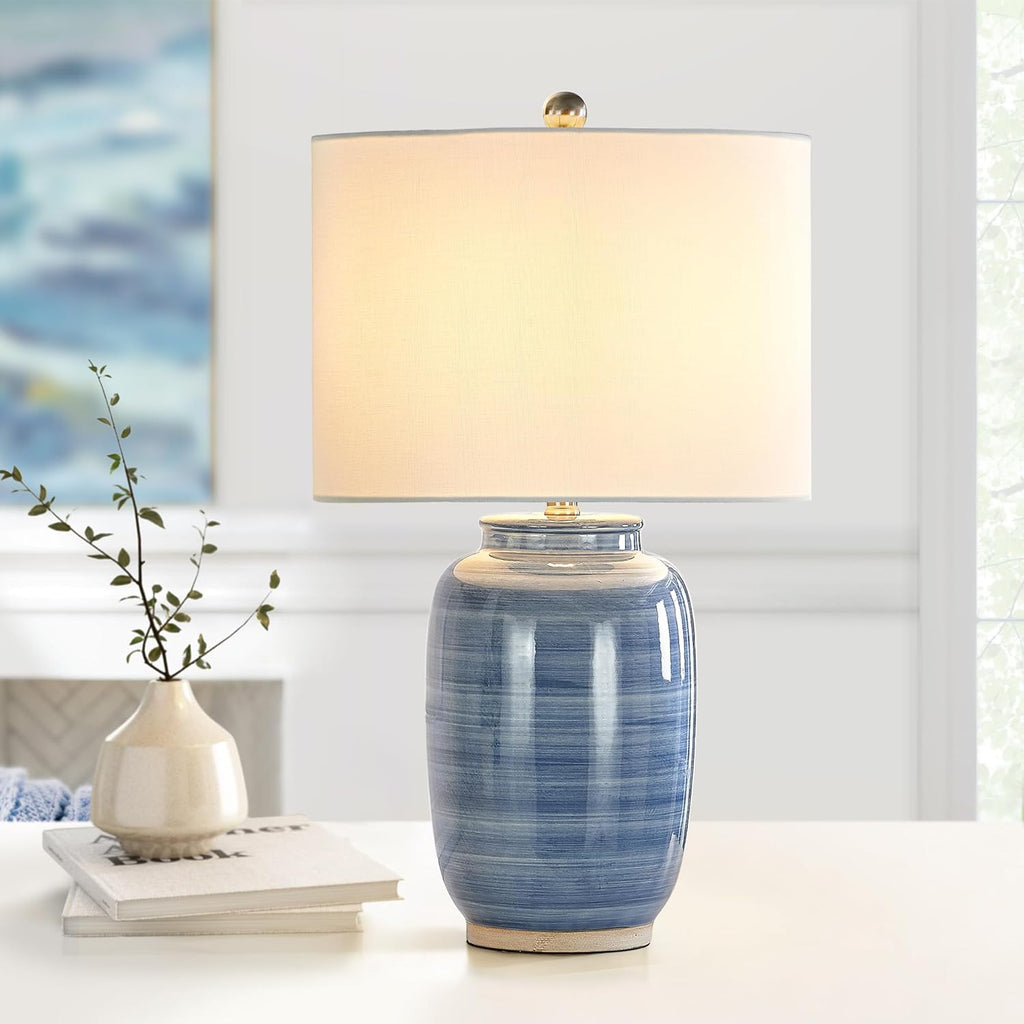 25" Blue Table Lamp, Modern Ceramic Lamp with White Shade, Coastal Blue Bedside Nightstand Lamp Home