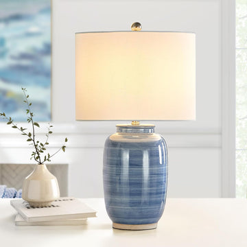 25" Blue Table Lamp, Modern Ceramic Lamp with White Shade, Coastal Blue Bedside Nightstand Lamp Home