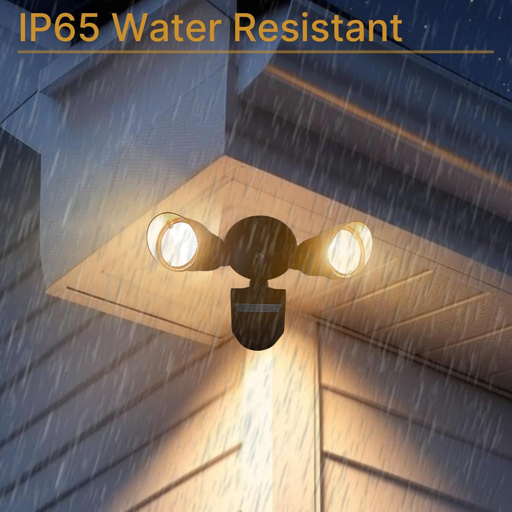 LED Black Motion Sensor 2-Light Bullet Flood Light- 3000K Adjustable Dual Head Outdoor Security Light, Dusk to Dawn