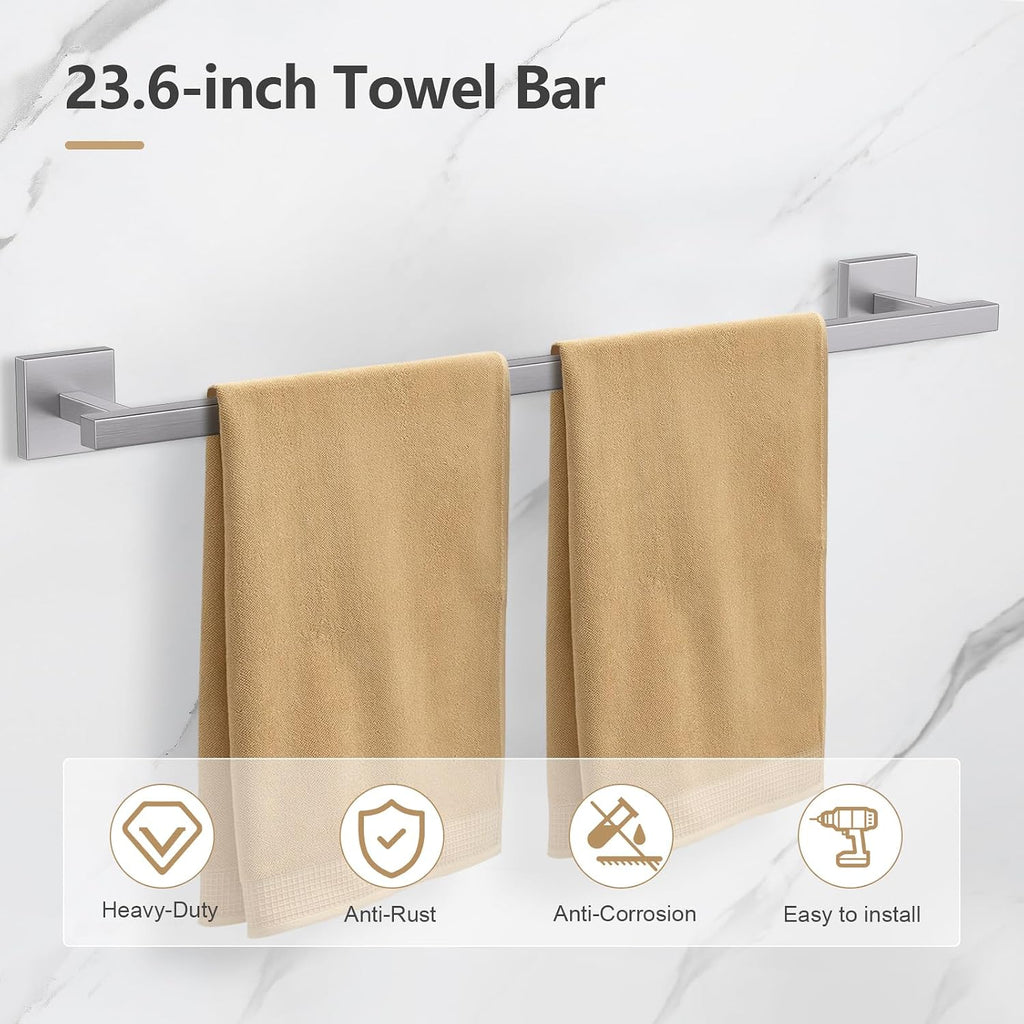5-Pieces Brushed Nickel Bathroom Hardware Accessories Set 23.6" SUS304 Stainless Steel Towel Bar Set Wall Mounted