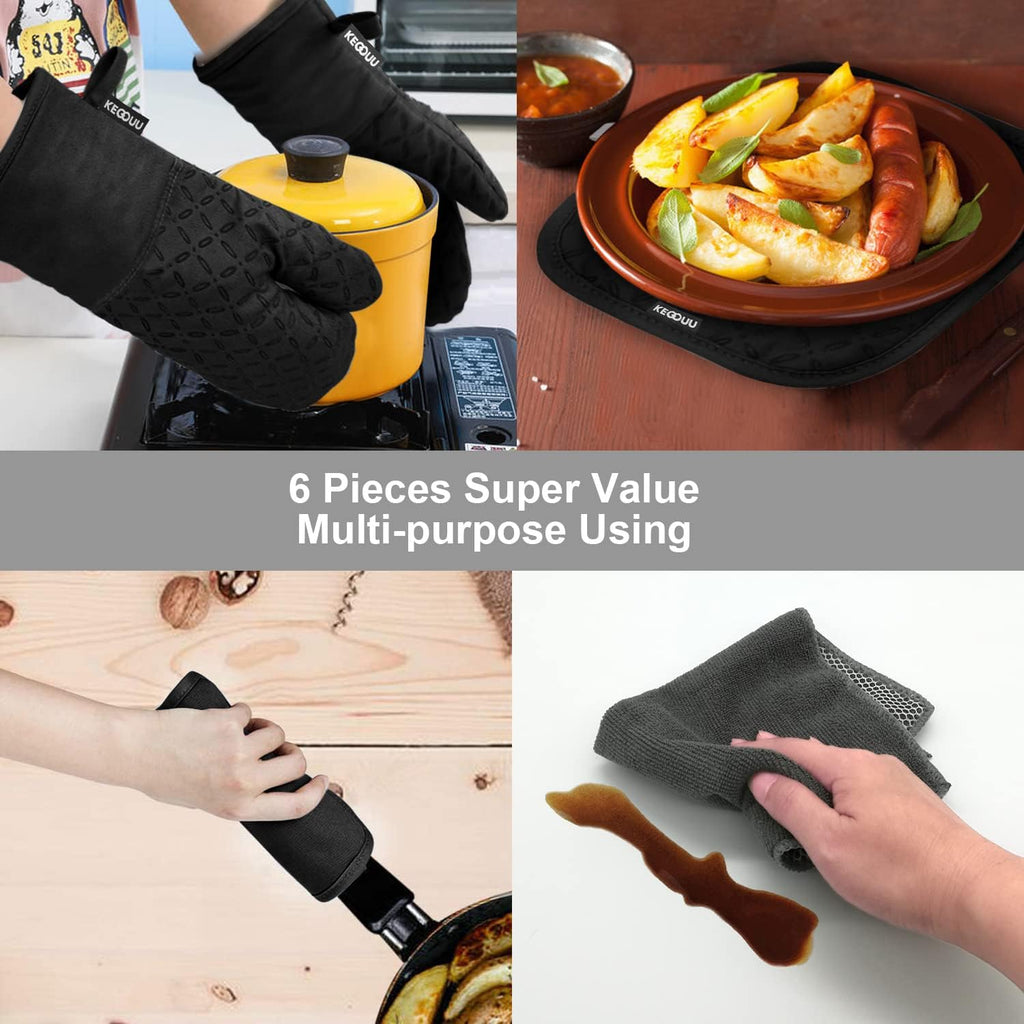 Oven Mitts and Pot Holders 6pcs Set, Kitchen Oven Glove High Heat Resistant 500 Degree Extra Long Oven Mitts and
