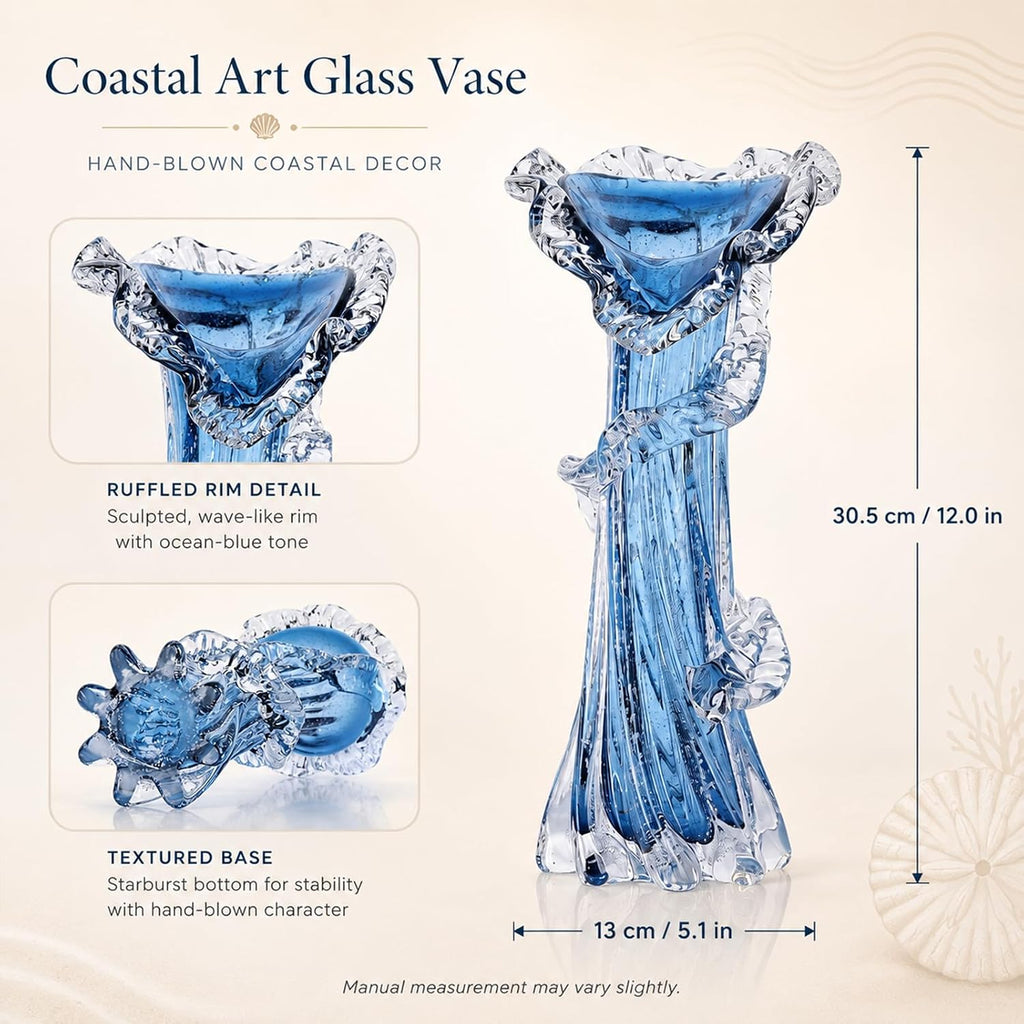 Blue Clear Wave Vases Gradient, Murano Hand Blown Glass Vase Unique Art Decorative, for Ocean Themed Coastal Home