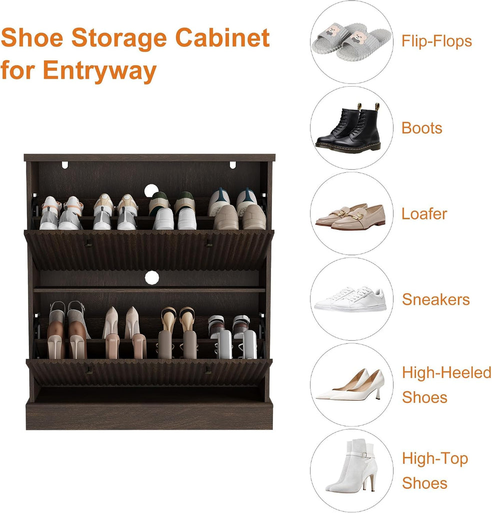 Fluted Shoe Cabinet with 2 Flip Drawers, Narrow Cabinet with Adjustable Shelves and Elegant Handles, Wooden Shoe