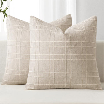 Decorative Linen Check Throw Pillow Covers Neutral Farmhouse Vintage Pillow Covers 20x20 Set of 2 Boho Modern Home Decor