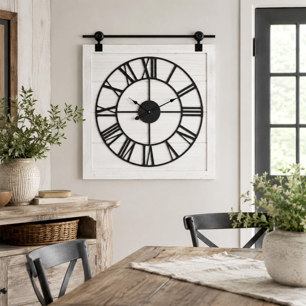 Farmhouse Barn Door Wall Clock 30 Inch, Silent Decorative Clock