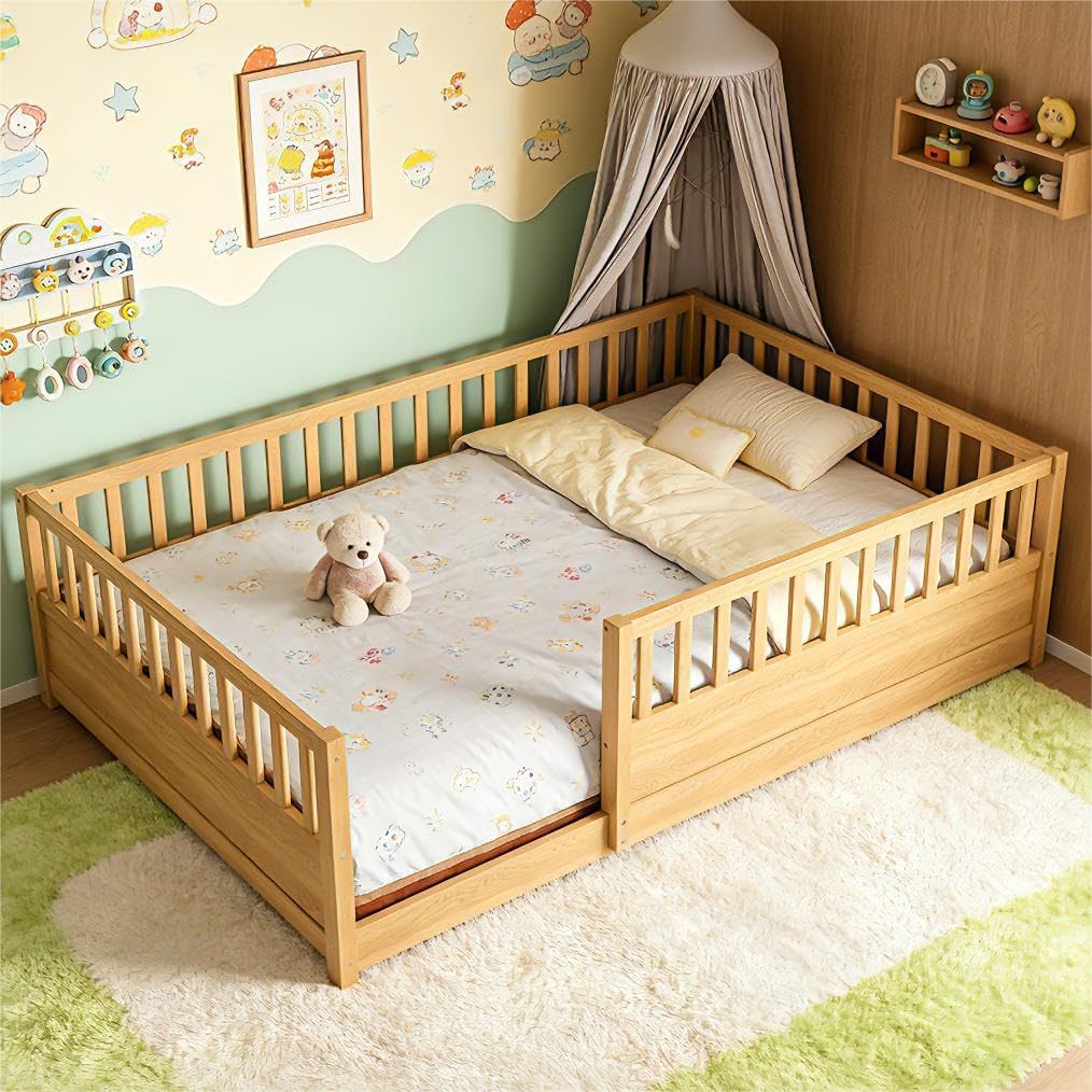 Full Size Floor Bed Frame with 21.4" High Fence, Solid Wood Low Platform Montessori Floor Bed Full for Kids, No Box
