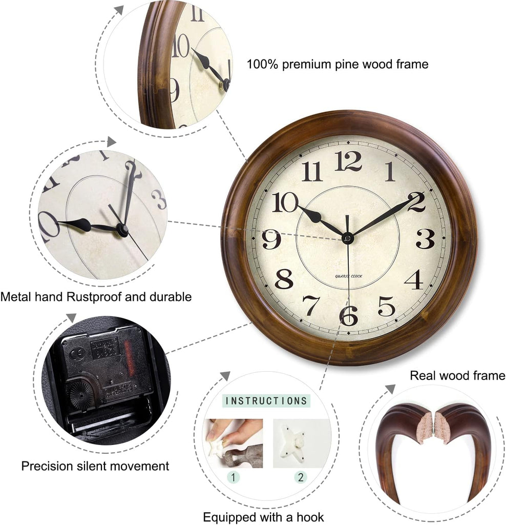 Wall Clock Wood 14 Inch Silent Wall Clocks Large Decorative Battery Operated Non Ticking Analog Retro Clock