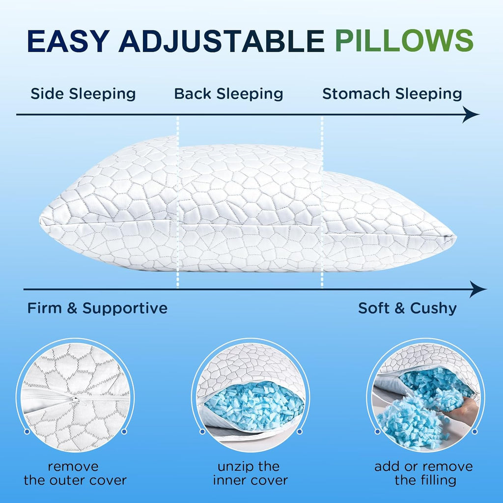 Cooling Pillow Queen Size Set of 2, CertiPUR-US Shredded Memory Foam Pillows for Sleeping, Cool Bed Pillows for Hot