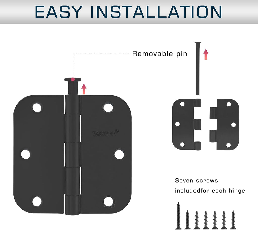 9 Pack Matte Black Door Hinges 3.5 Inch, 5/8" Radius Rounded, Standard Residential for Doors 3 ½",Sturdy Hinges