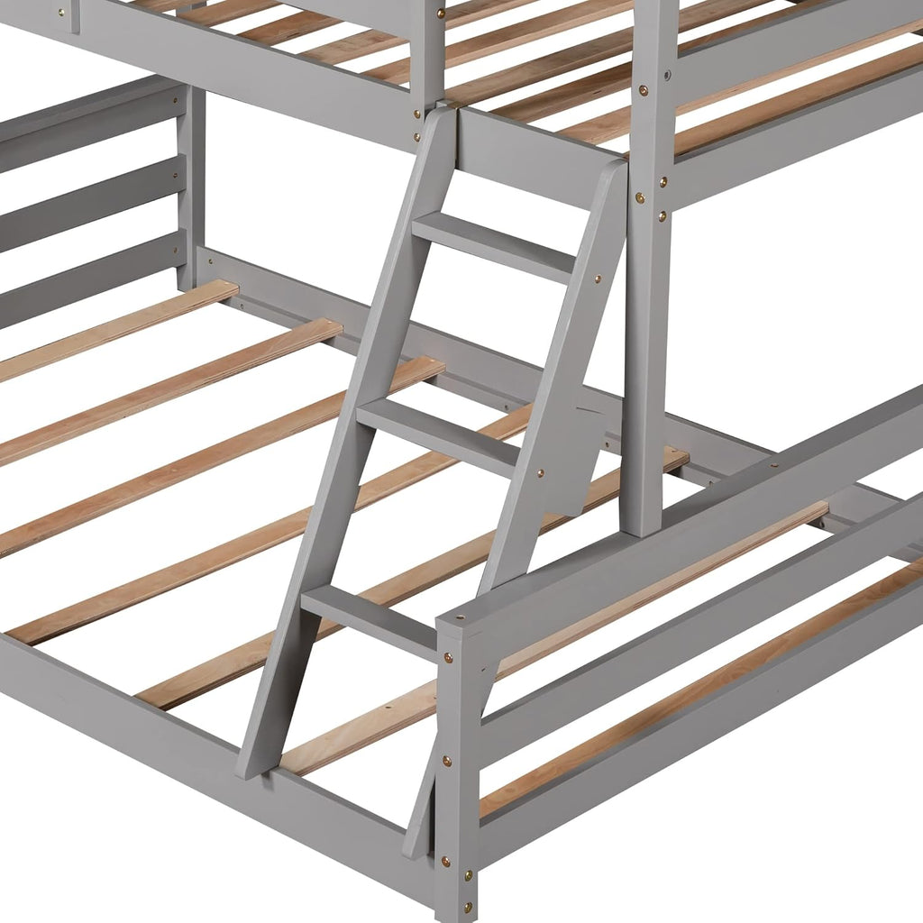 House Floor Bunk Bed with Ladder Twin Over Full,Wood Low Bunk Bed for Kids Juniors