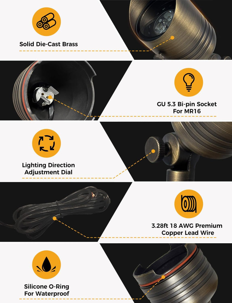 Brass Outdoor Spotlights,12V LED Low Voltage Landscape Lighting with 5W 2700K Aluminum MR16 Bulb, IP65 Waterproof
