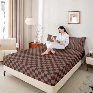Chocolate Checkerboard Fitted Sheet Set with 2 Pillowcase, Brown Squares Buffalo Checkered Grids Microfiber Mattress