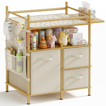 Baby Changing Table, Bamboo Baby Dresser Table with Flat Top, Diaper Changing Station with 3 Removable Storage