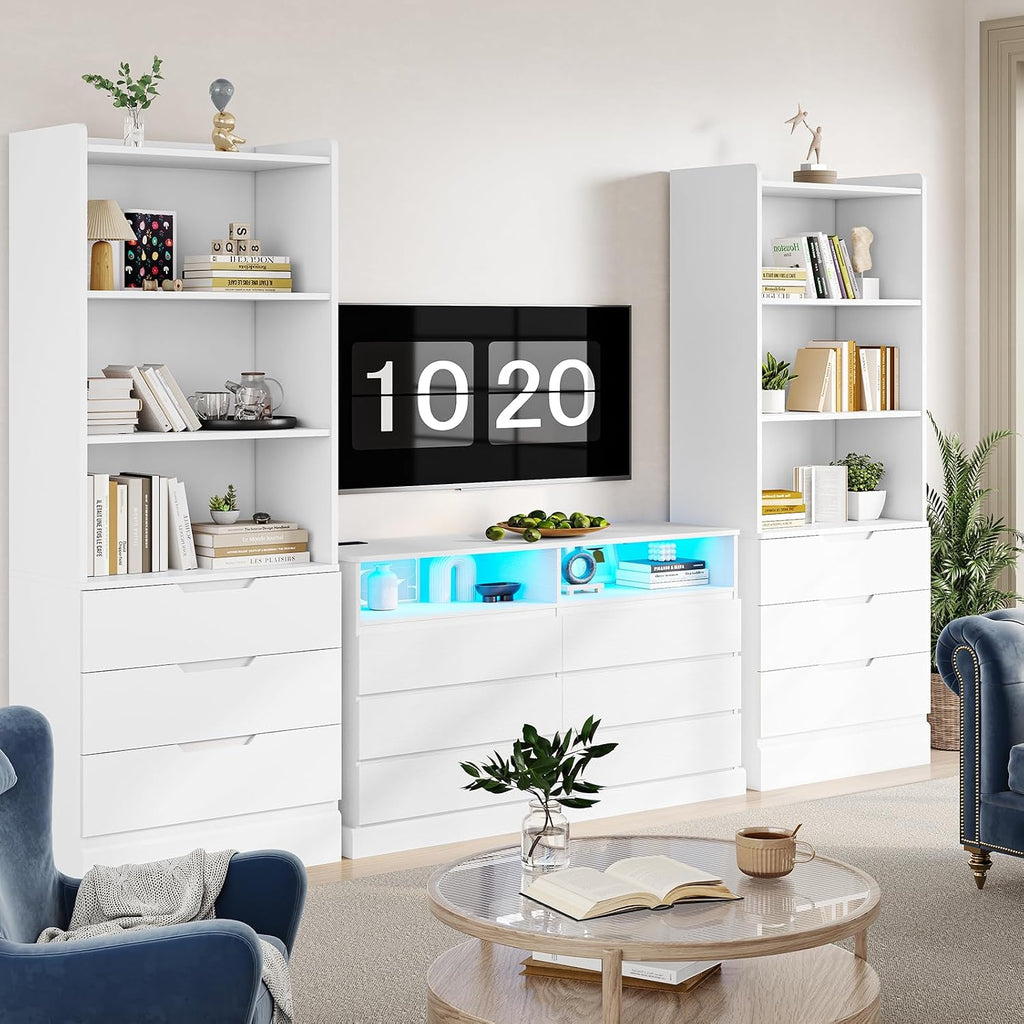 73.23'' Tall Storage Cabinet Bookcase with 3 Drawers and 3-Tier Open Shelves Wooden Bookshelf Kitchen Pantry Storage