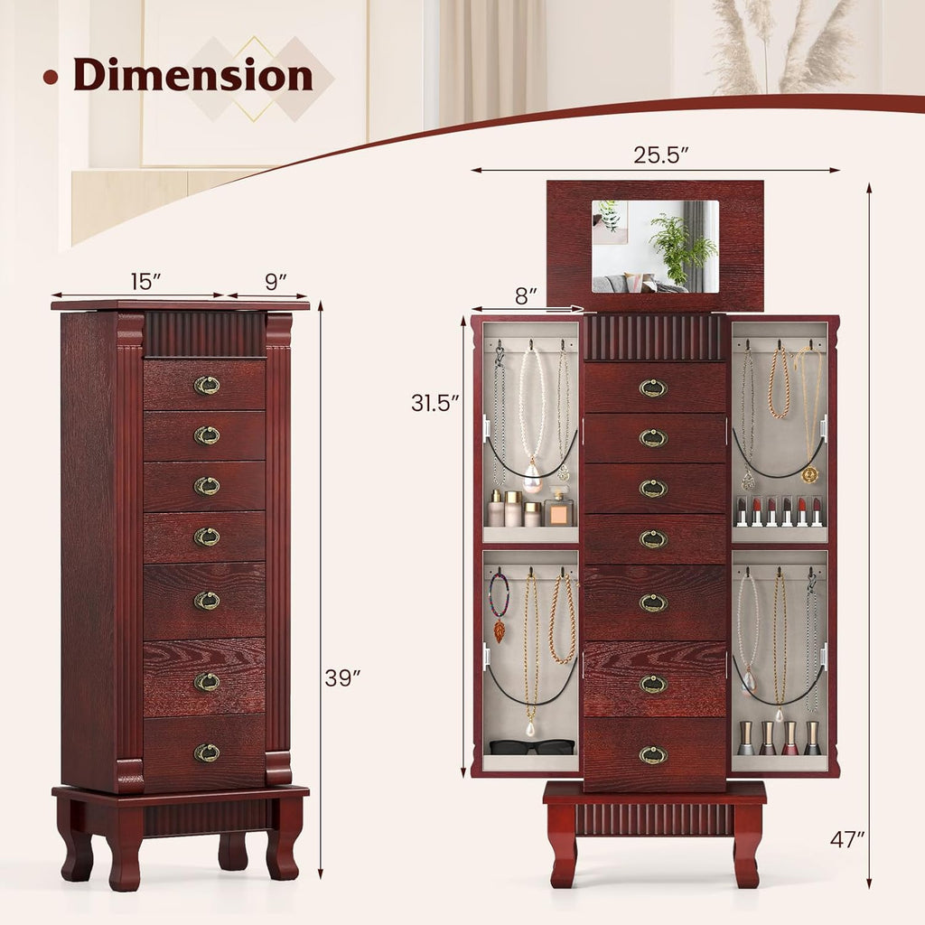 Standing Jewelry Armoire Cabinet, Wooden Storage Chest (Cherry)