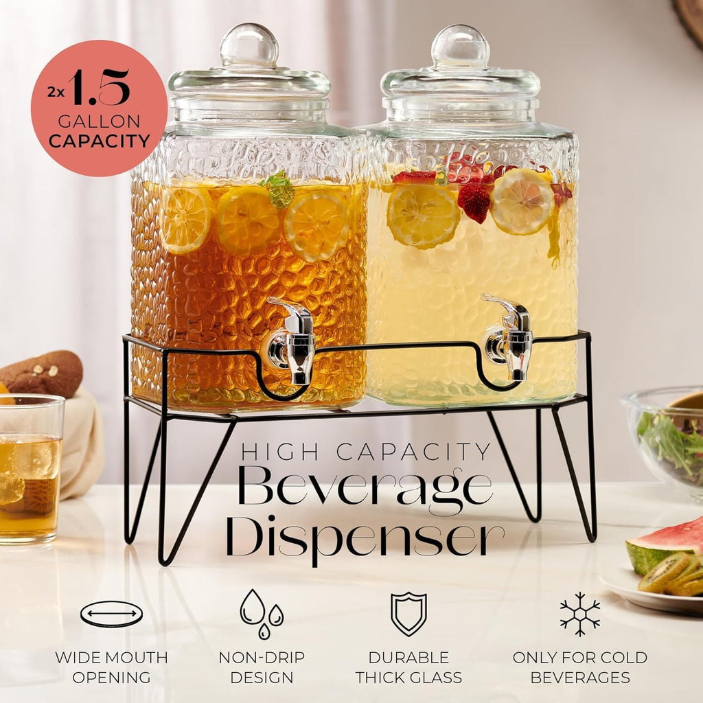 Glass Beverage Drink Dispenser w/Metal Stand, 1.5 Gal - Set of 2