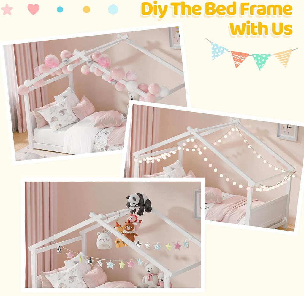 Tw Bed, Montessori Floor Bed with Headboard & Footboard, Solid Wood Bed Frame for Toddlers Kids Bedroom, White