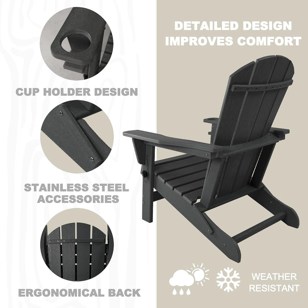 Folding Adirondack Chair, Patio Outdoor Chairs | HDPE Plastic Resin Deck Chair, Painted Weather Resistant for Garden