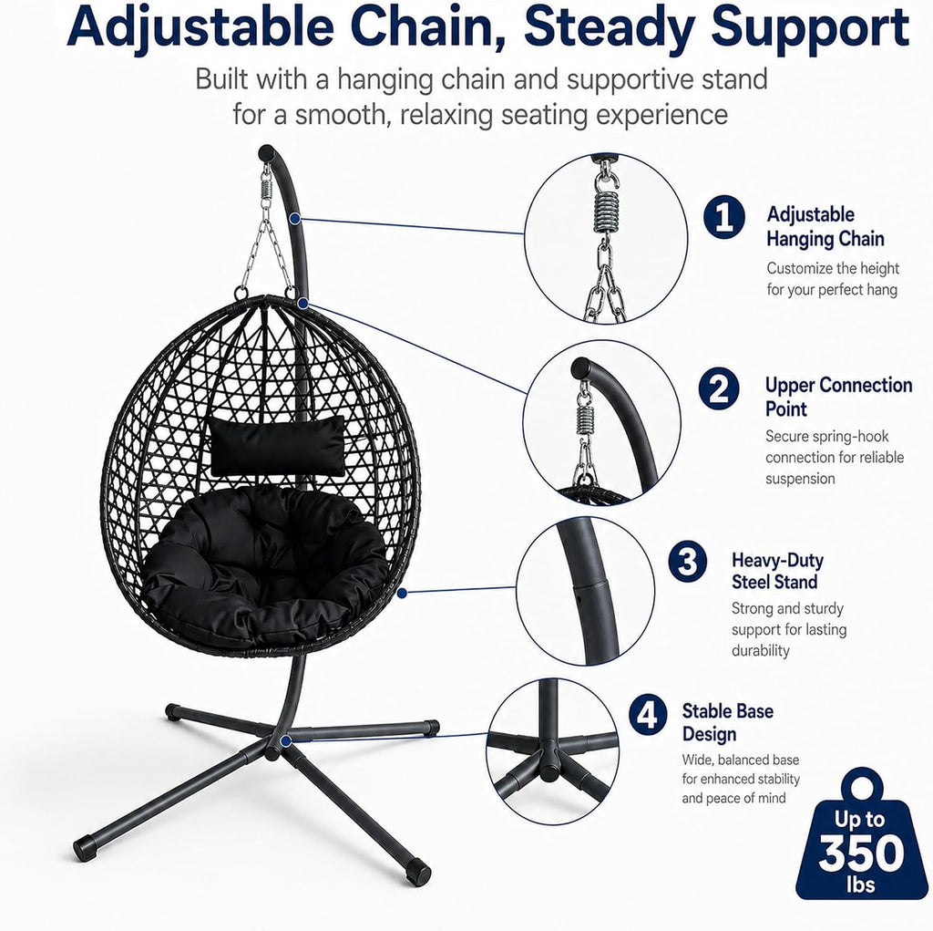 Outdoor Swing Chair, Folding Hanging Egg Chair with Stand Outdoor, PE Rattan Egg Swing Chair with Cushion & Pillow