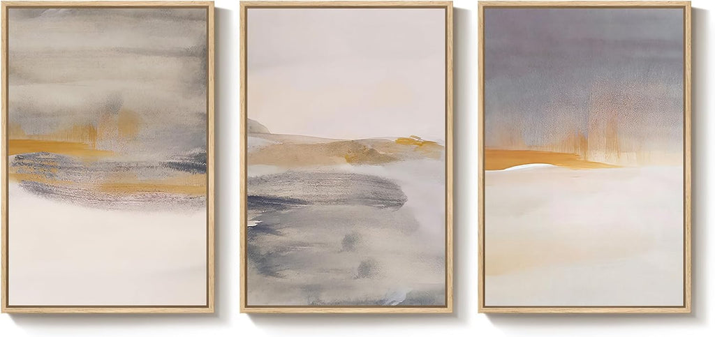 Framed Large Neutral Abstract Wall Art, Set of 3 Canvas Modern Prints Paintings, Minimalist Landscape Beige Gray