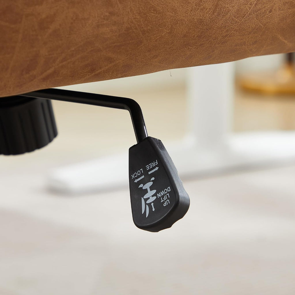Adjustable Home Office Desk Chair with Comfy Square Mid-Back, Faux Leather 360 Swivel Upholstered Task Armchair with Wheels for Vanity Bedroom/Living Room,Study Brown