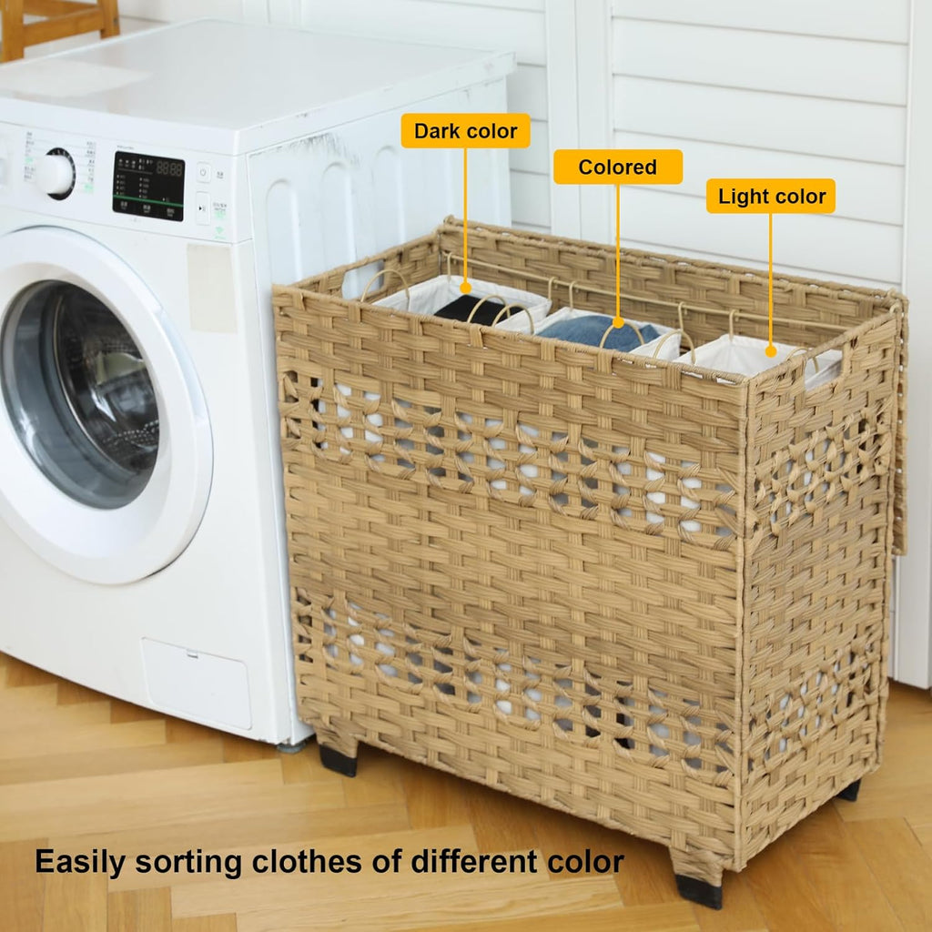 Laundry Hamper with Lid, 140L Clothes Hamper with 3 Removable Liner Bags, Foldable Basket with Lid, Synthetic Wicker