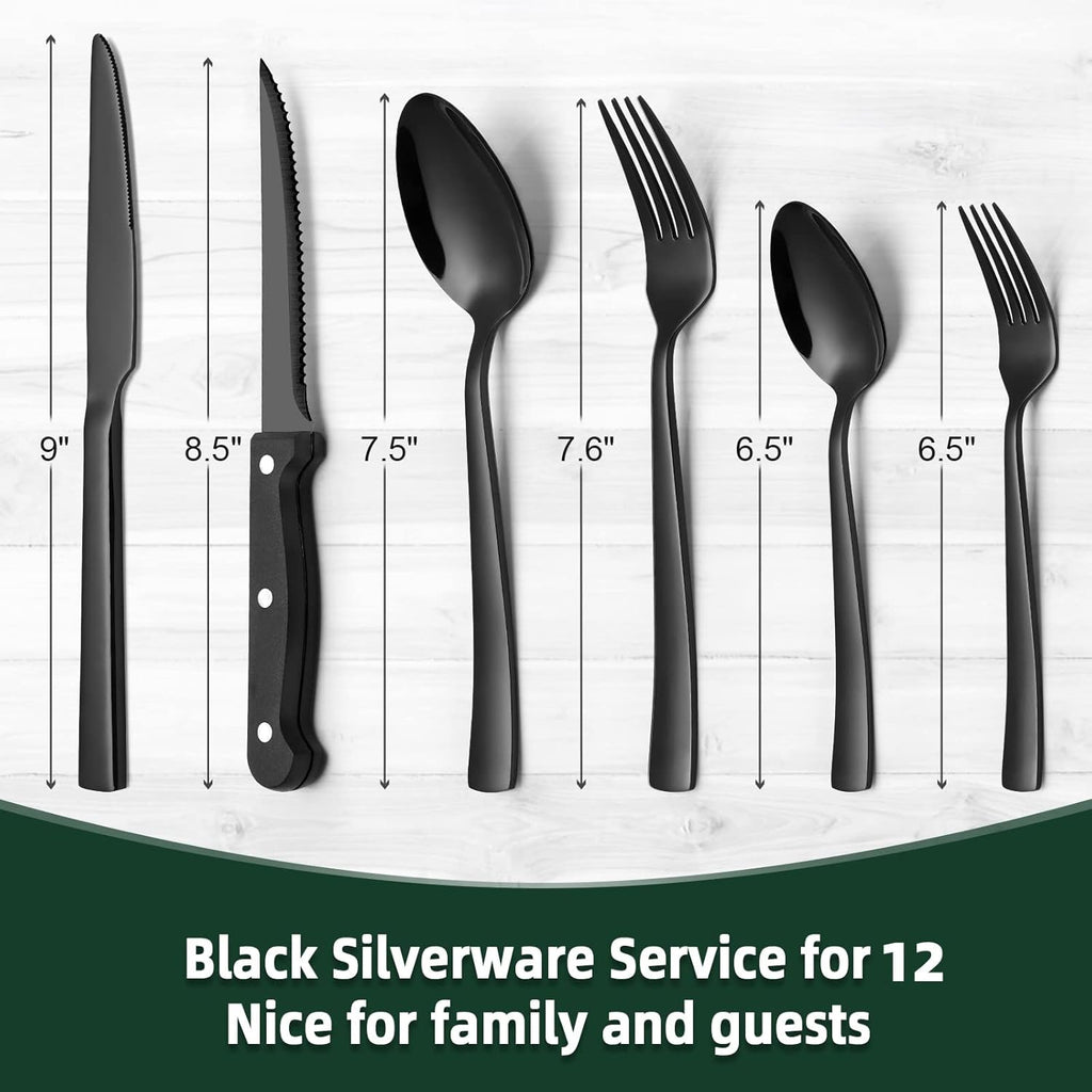 72-Piece Black Silverware Set with Steak Knives, Stainless Steel Flatware Set for 12, Tableware Cutlery Set