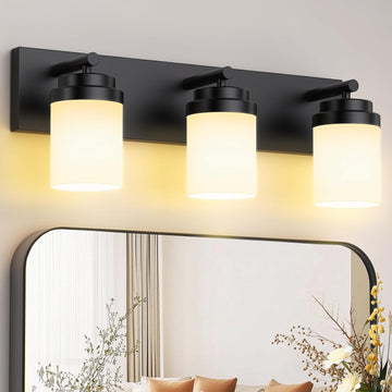 Bathroom Vanity Light Fixture, 3-Light 22 Inch Matte Black Bathroom Light Fixtures Over Mirror, with White Glass