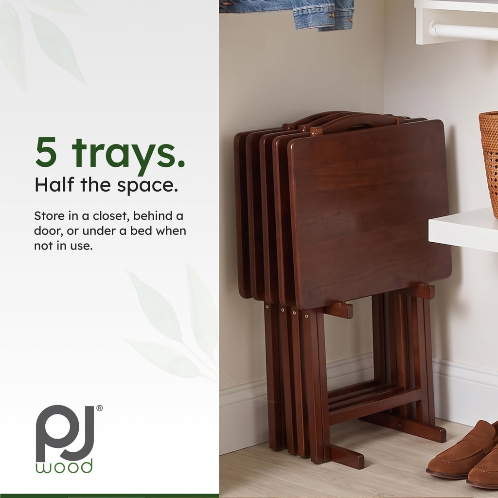 5-Piece Folding Tray Table Set - Walnut with Rack