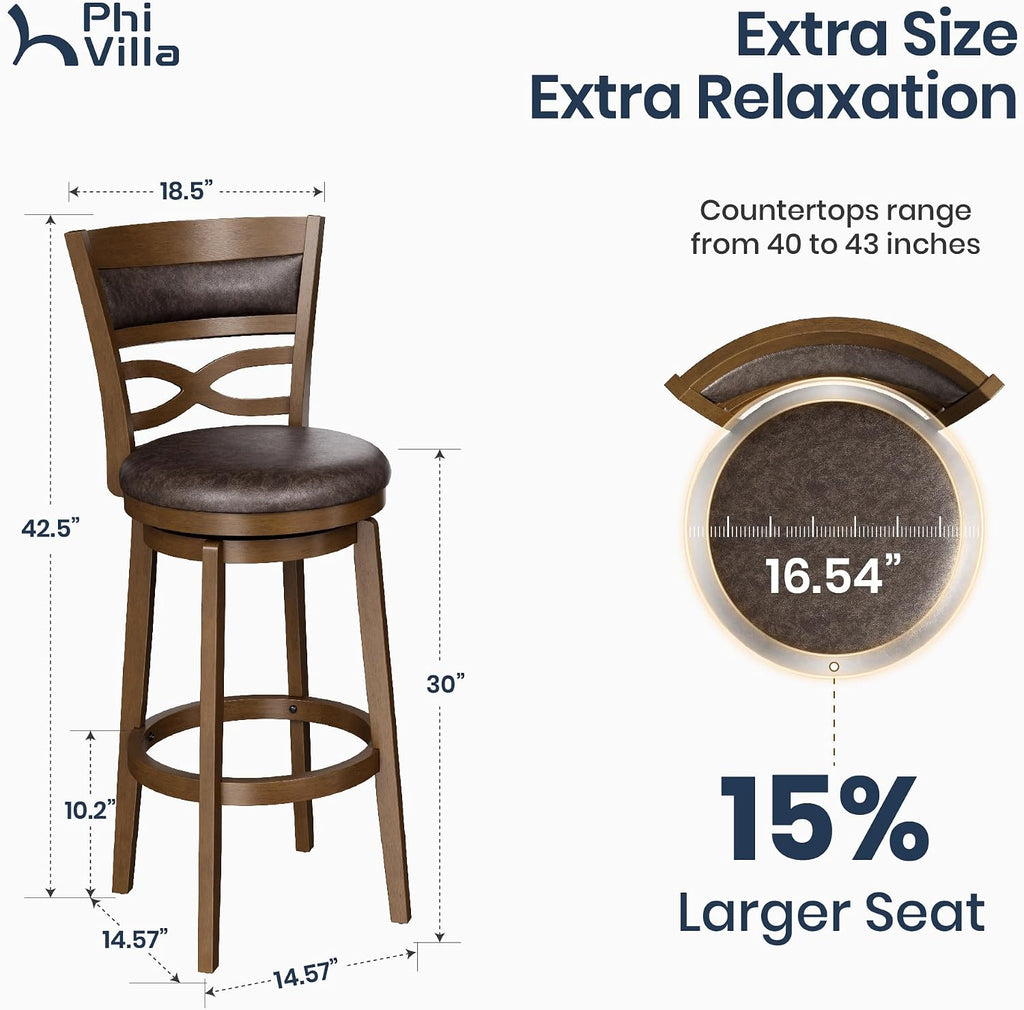 30 inch Bar Height Stools Set of 4, Swivel Bar Stools with Back, Wooden Bar Chairs Tall Faux Leather Kitchen Stools