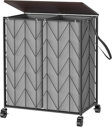 Double Laundry Hamper with Lid, Rolling Laundry Basket with Wheels | Heavy Duty Wire Clothes Hamper with Divided